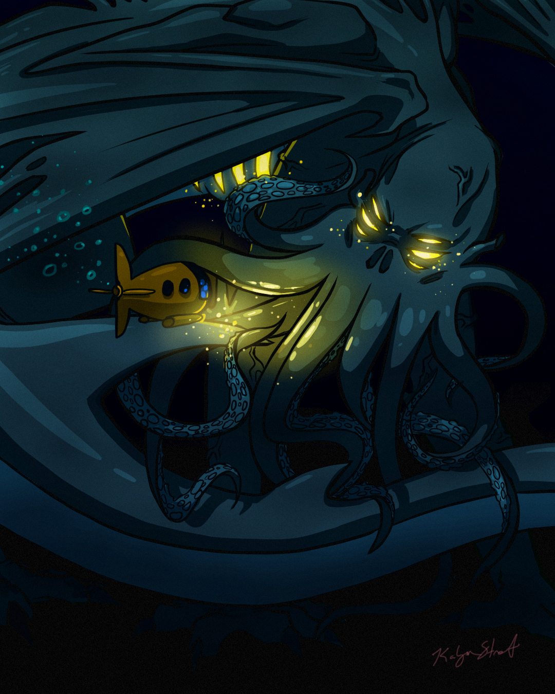 Header image, deep-sea explorers come across a giant squid monster