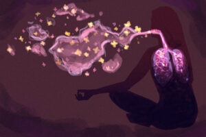 A purple woman exhales a cloud of yellow flowers.