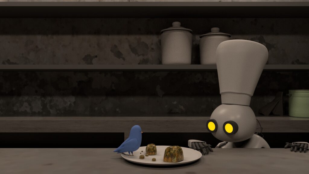 In a dirty kitchen, a robot watches a bird eating some moldy food.