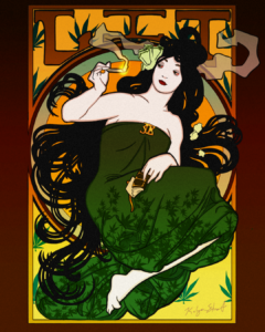 An Alphonse Mucha inspired poster of a woman lighting a joint.