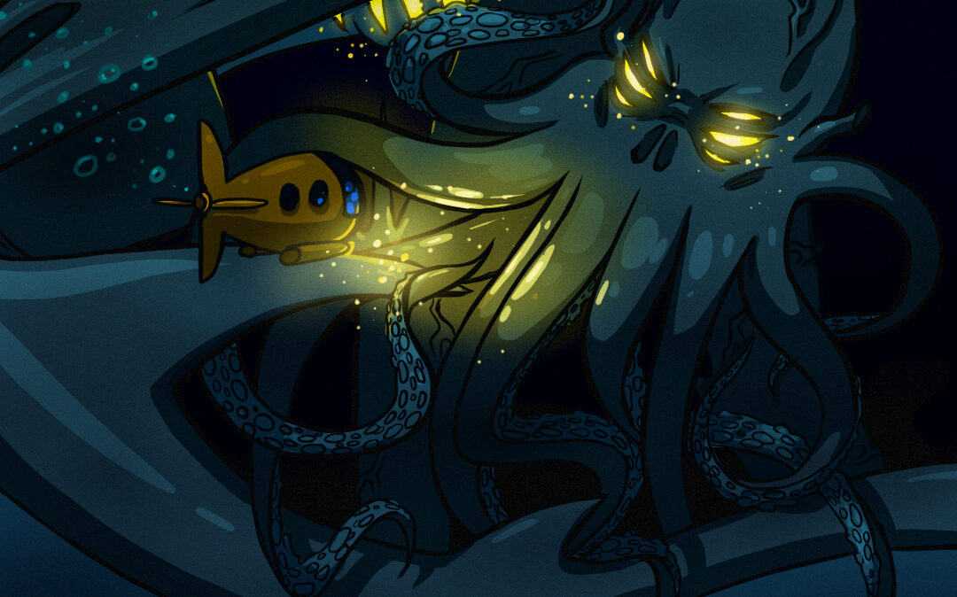 Header image, deep-sea explorers come across a giant squid monster