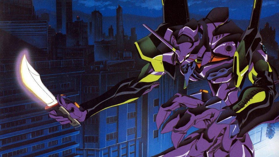 A big purple robot with a knife. Someone should take away the knife.