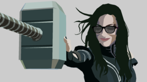 Hela catches Thor's hammer. She's wearing sunglasses.