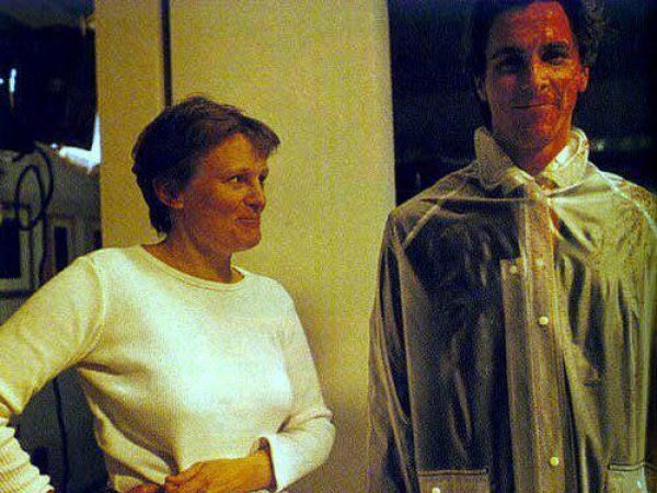 A picture of the director of "American Psycho," Mary Harron and the lead Christian Bale, who plays Patrick Bateman.