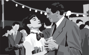 the main characters from the film "Roman Holiday" dance together