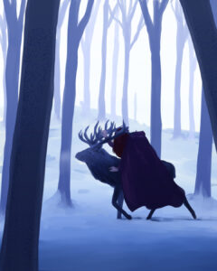 A hooded figure rides an elk through the deep snow of a forest