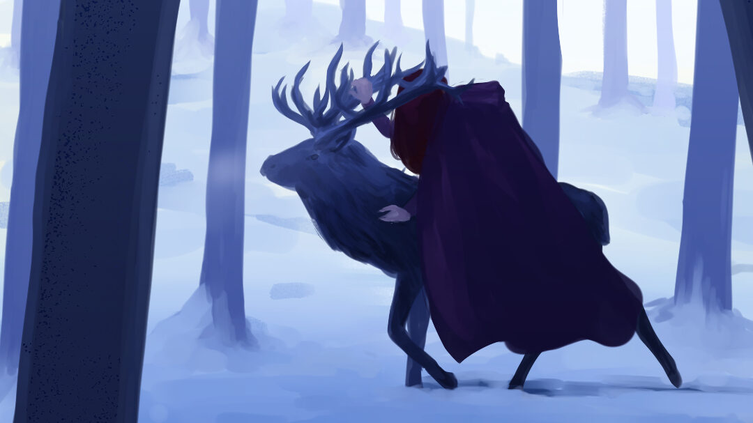 A hooded figure rides an elk through the deep snow of a forest