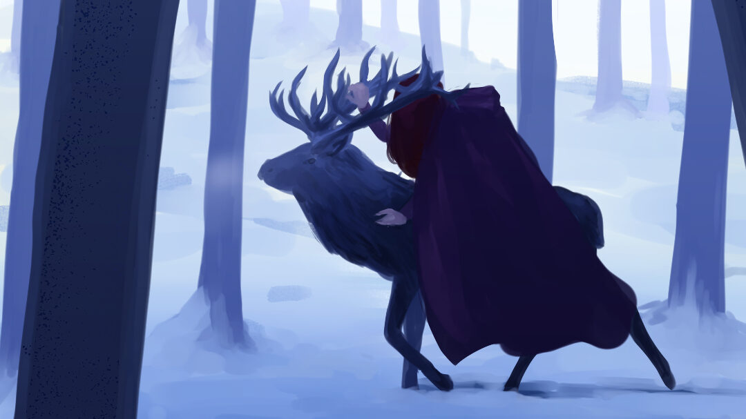 A hooded figure rides an elk through the deep snow of a forest